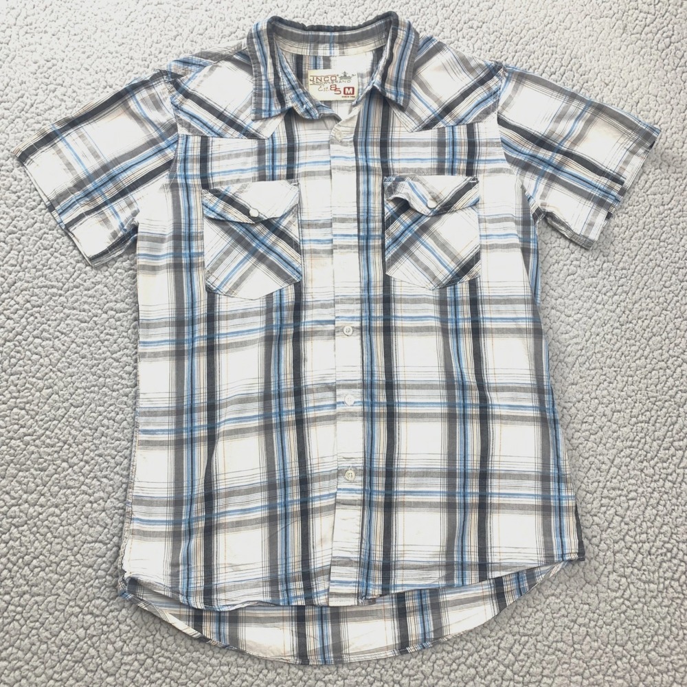 JNCO Button Down Shirt Mens Medium Blue Plaid Short Sleeve Cotton Western Snap